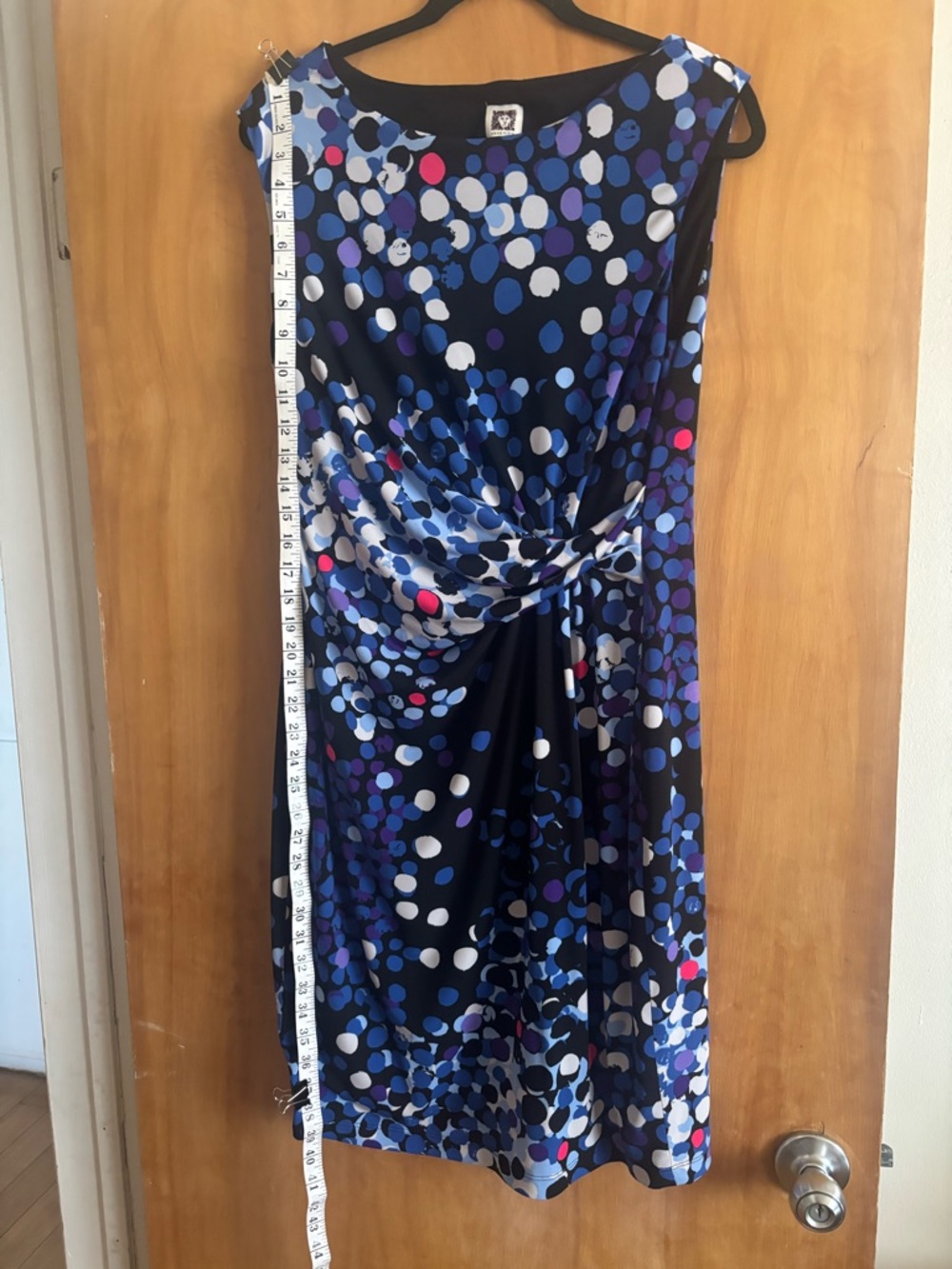 Anne Klein (12) Sleeveless Twist-Front Polka Dot Dress in Blue & Black